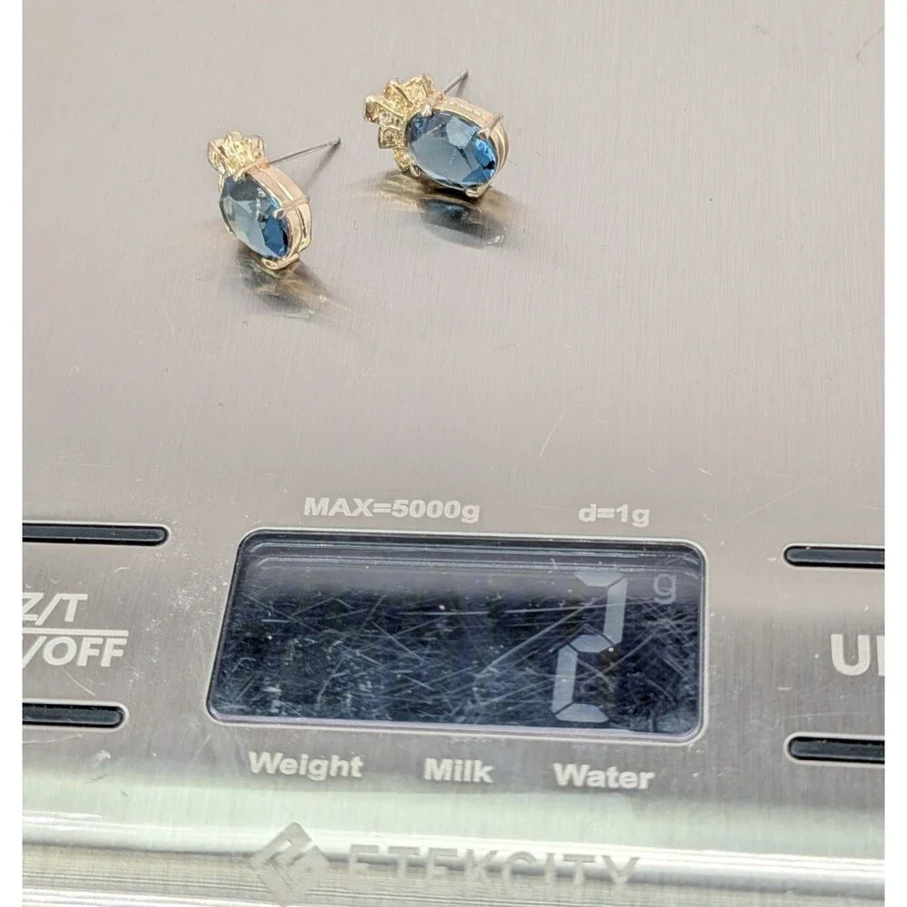 Vintage Blue Glass Stud Earrings Clear Rhinestone Crown Gold Tone Pierced 15mm